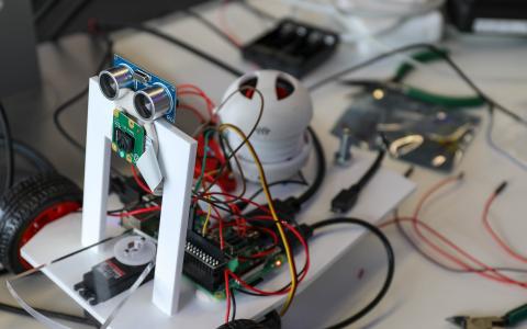 A photo of a robot built by starting SWC PhD students during boot camp
