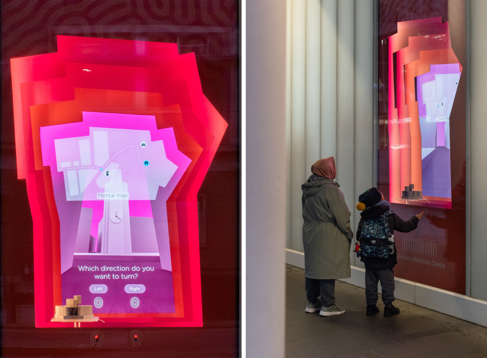 Two photos of the 'How do you learn?' window display. The photo on the left shows a maze with a birds eye view at the top and the question 'which direction do you want to turn?' 'Left' or 'Right'. The photo on the right shows a woman and child interacting with the display