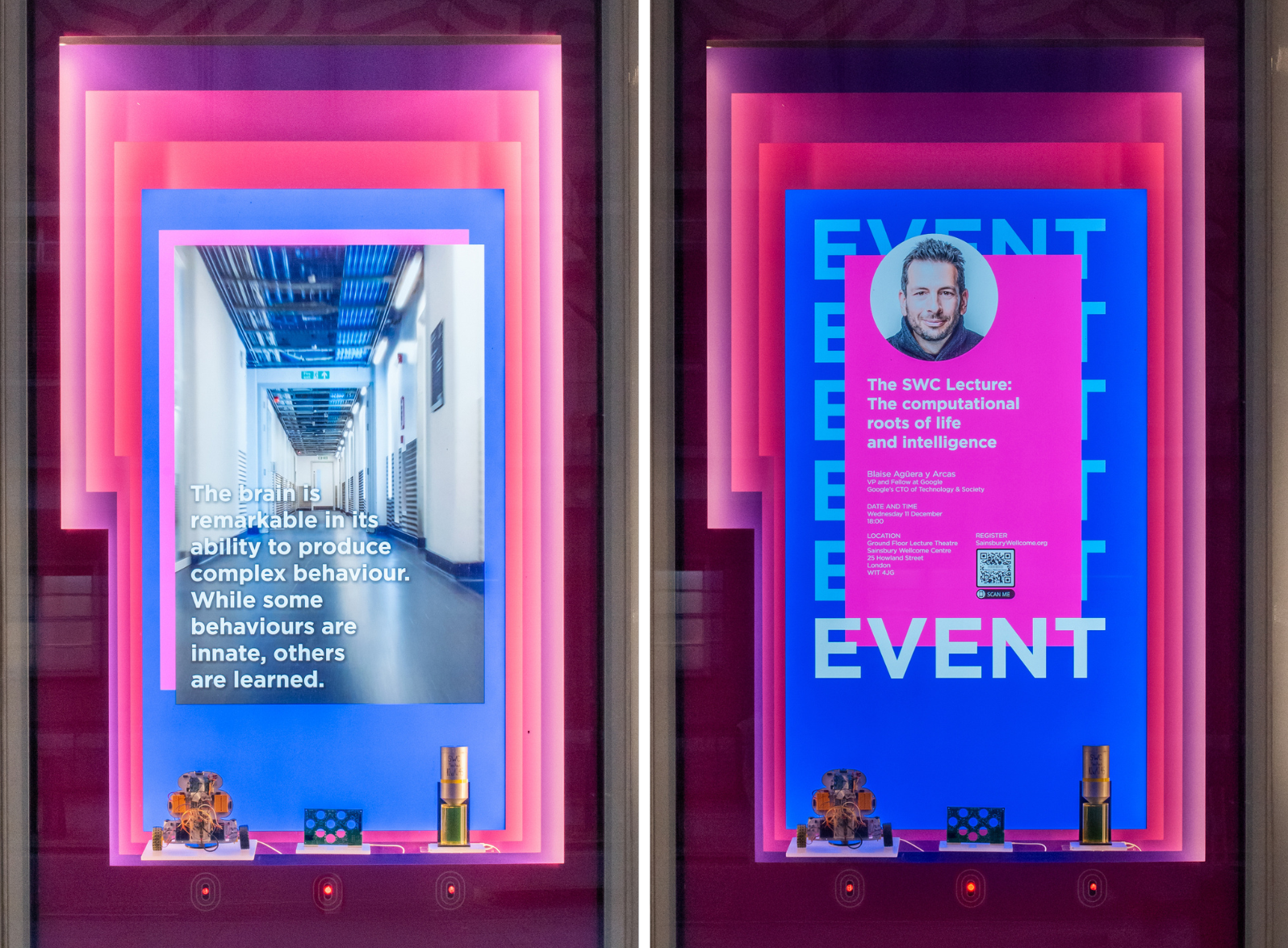 Two photos of the 'What happens here?' window display. The left photo shows a snapshot from a video and the right photo shows a public event listing