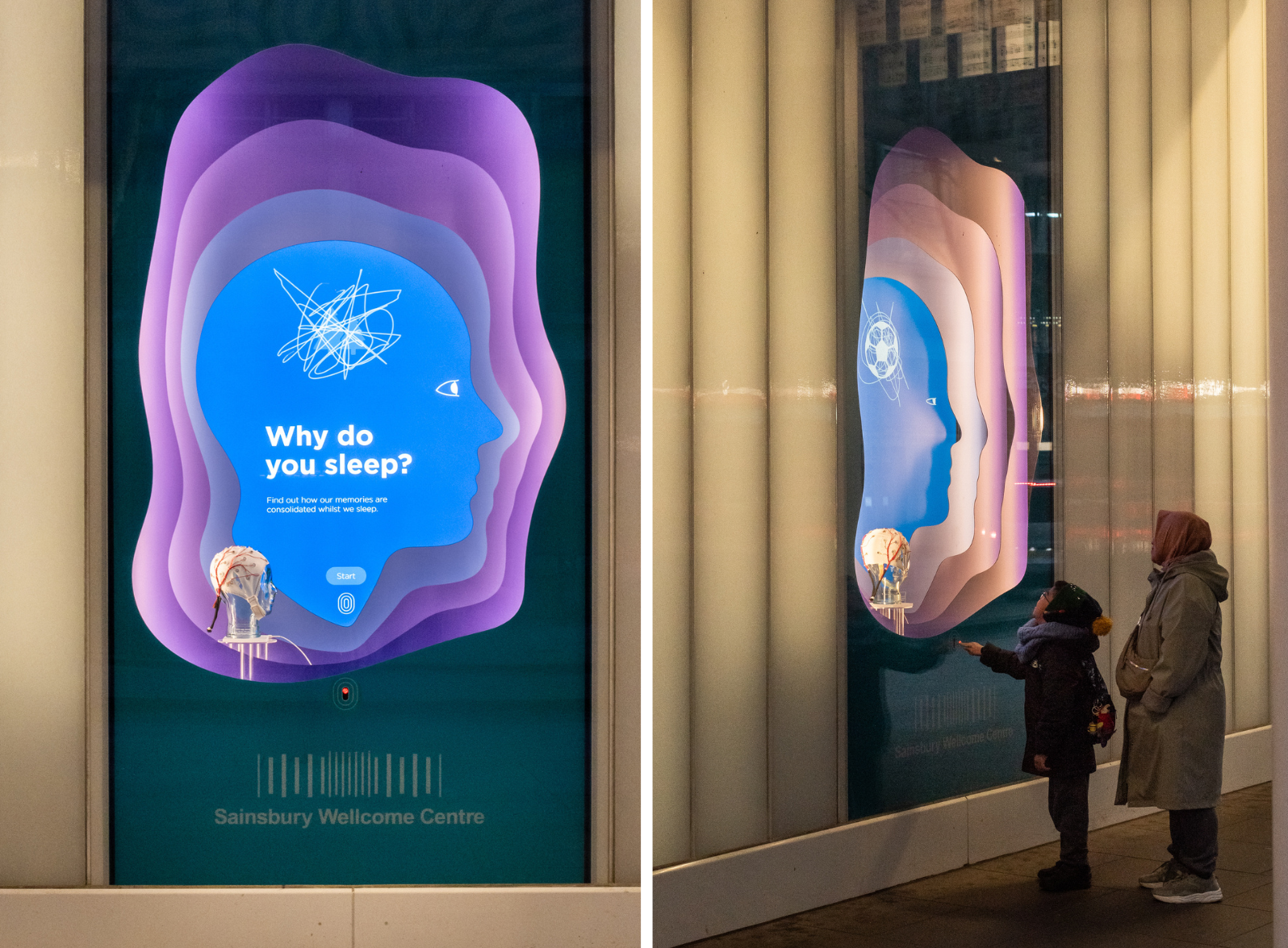 Two photos of the 'Why do you sleep?' window display. The photo on the left shows the screen displaying the question and the photo on the right shows a woman and child interacting with the display. 