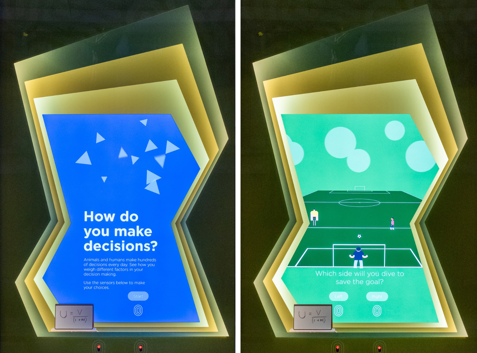 Two photos of the display 'How do you make decisions?' The photo on the left shows the question and the photo on the right shows the football goalkeeper game