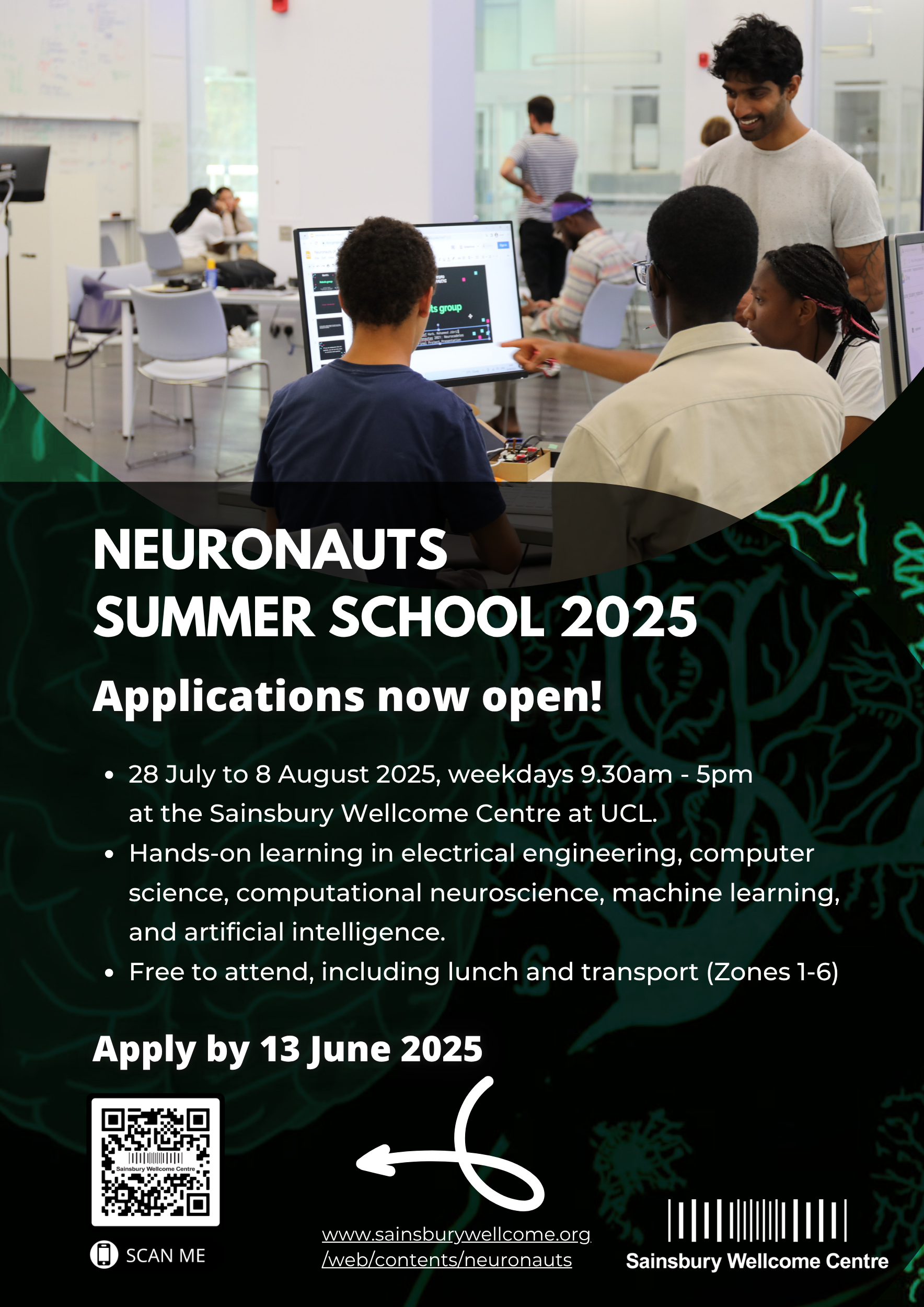Poster advertising the Neuronauts Summer School 2025 with a photo of students and a teacher at the top