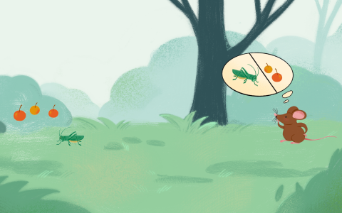 Illustration of a mouse making a decision between apples and a grasshopper